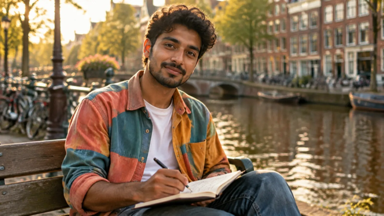 Jongeman schrijft in een notitieboek op een bankje aan de gracht.