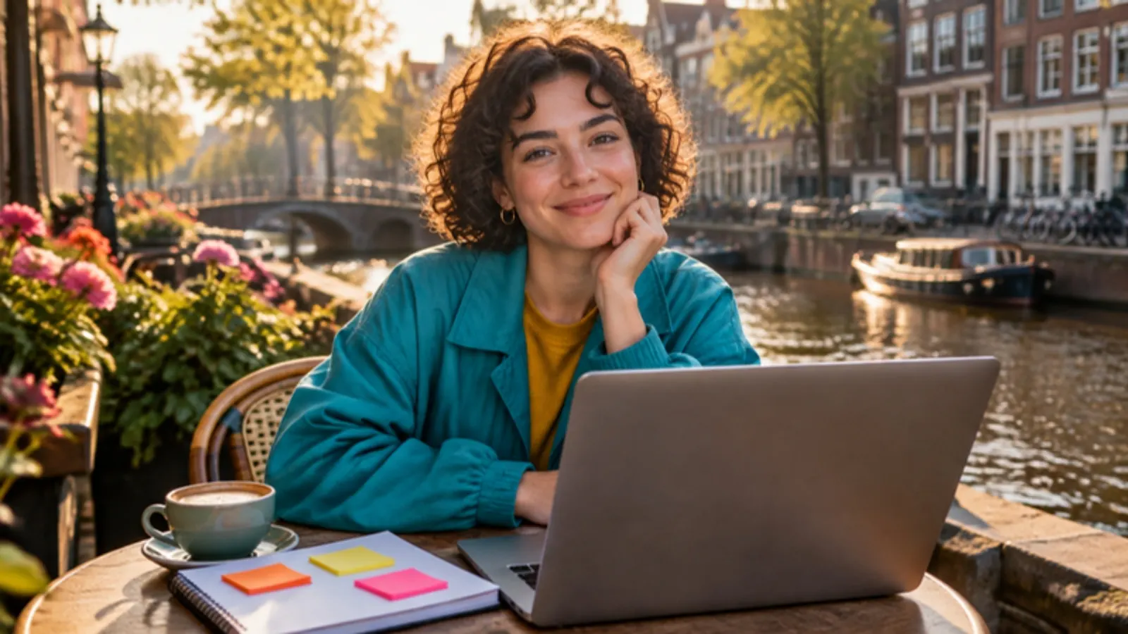 Jonge vrouw met een laptop en gekleurde plakbriefjes op een terras aan de gracht.