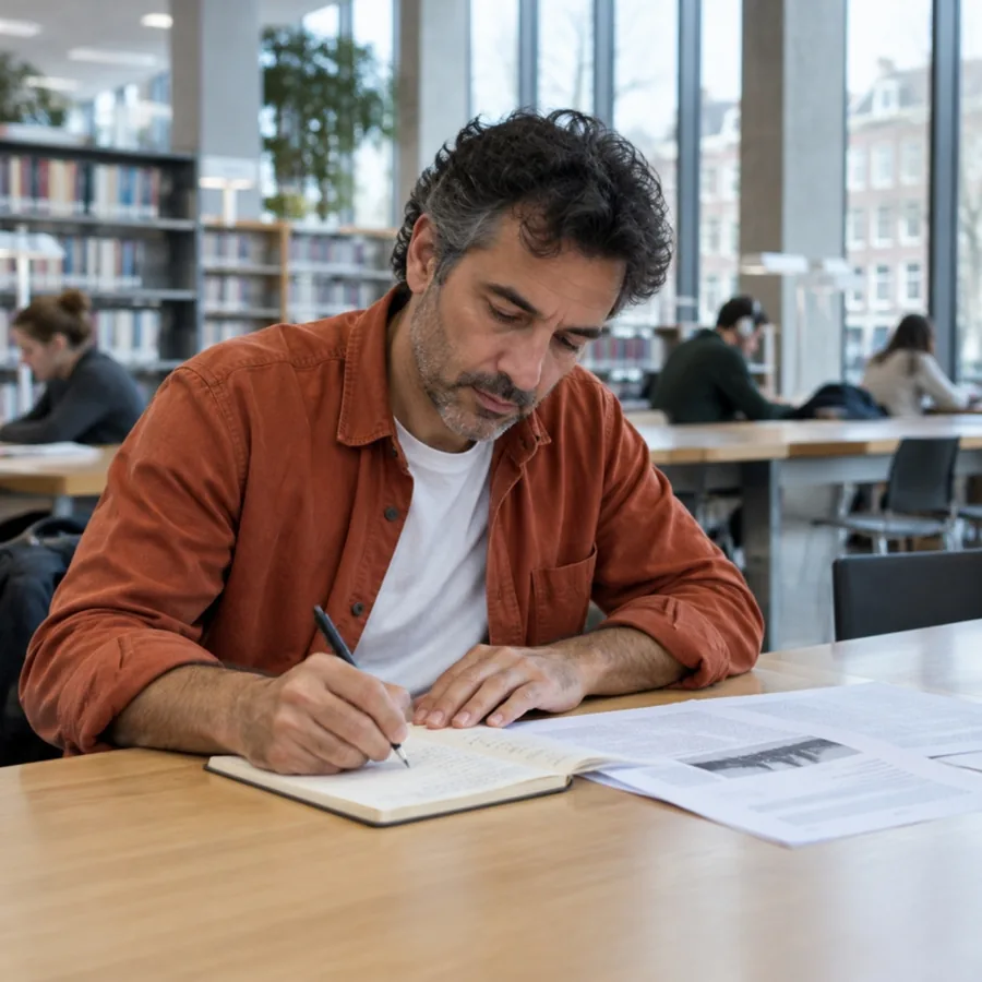 Man schrijft aantekeningen in een notitieboek aan een tafel in de bibliotheek.