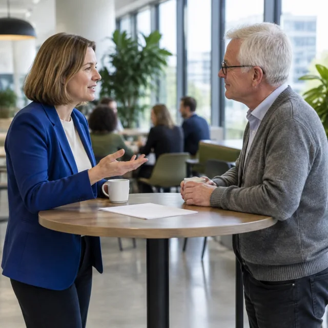 Een vrouw en een man praten aan een statafel in een lichte kantine.