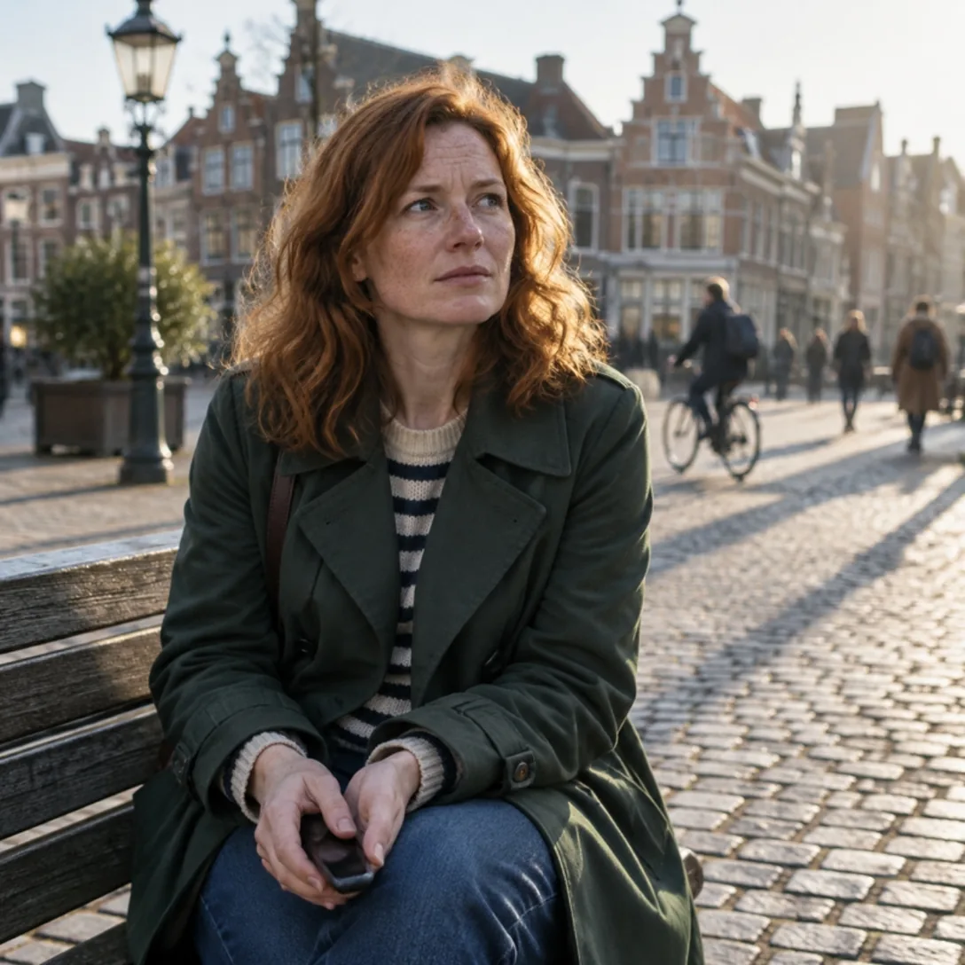 Vrouw met rood haar in een groene jas zit op een bankje op een plein en kijkt nadenkend opzij.