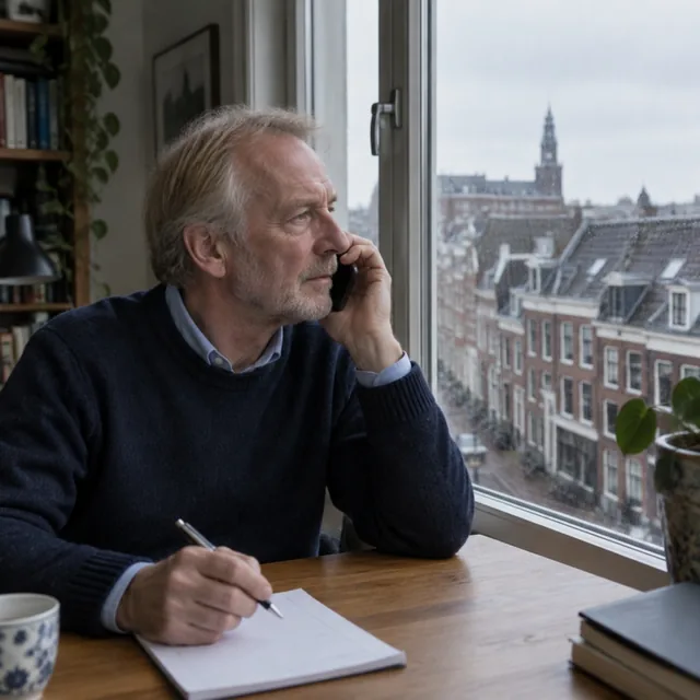 Man belt bij het raam en schrijft iets op in een notitieboek.