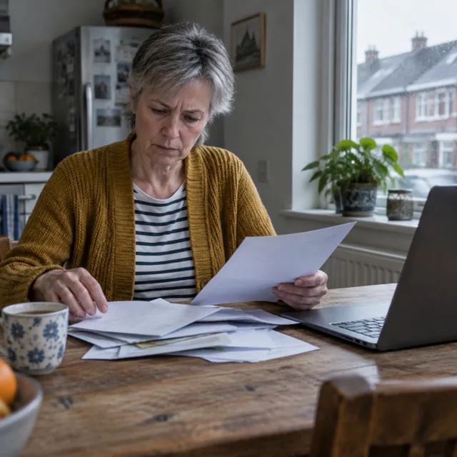 Vrouw aan de keukentafel leest geconcentreerd een stapel brieven, naast haar staat een laptop open.