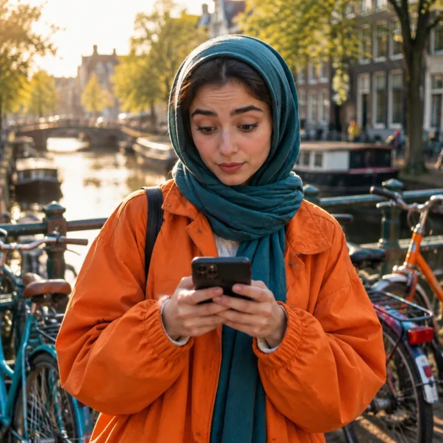 Jonge vrouw met hoofddoek kijkt verwachtingsvol op haar telefoon.