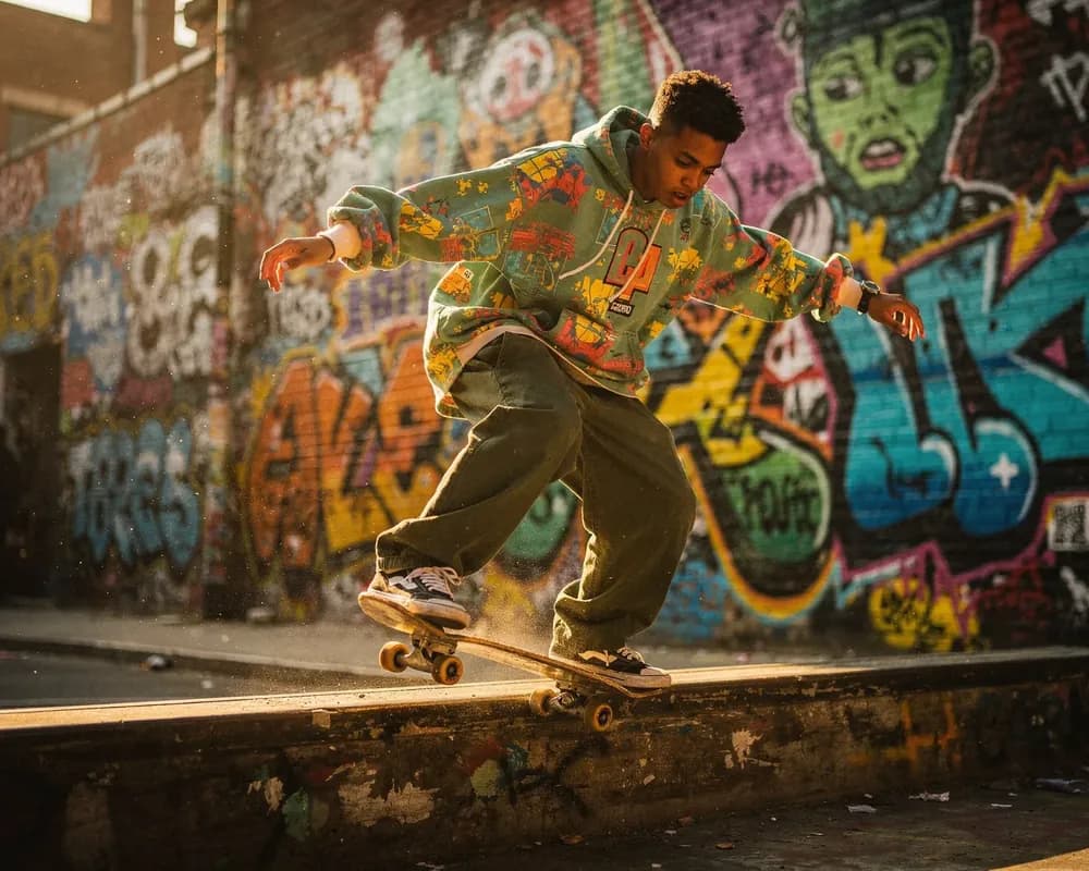 Skater in een kleurrijke jas glijdt over een rand voor een graffitimuur.