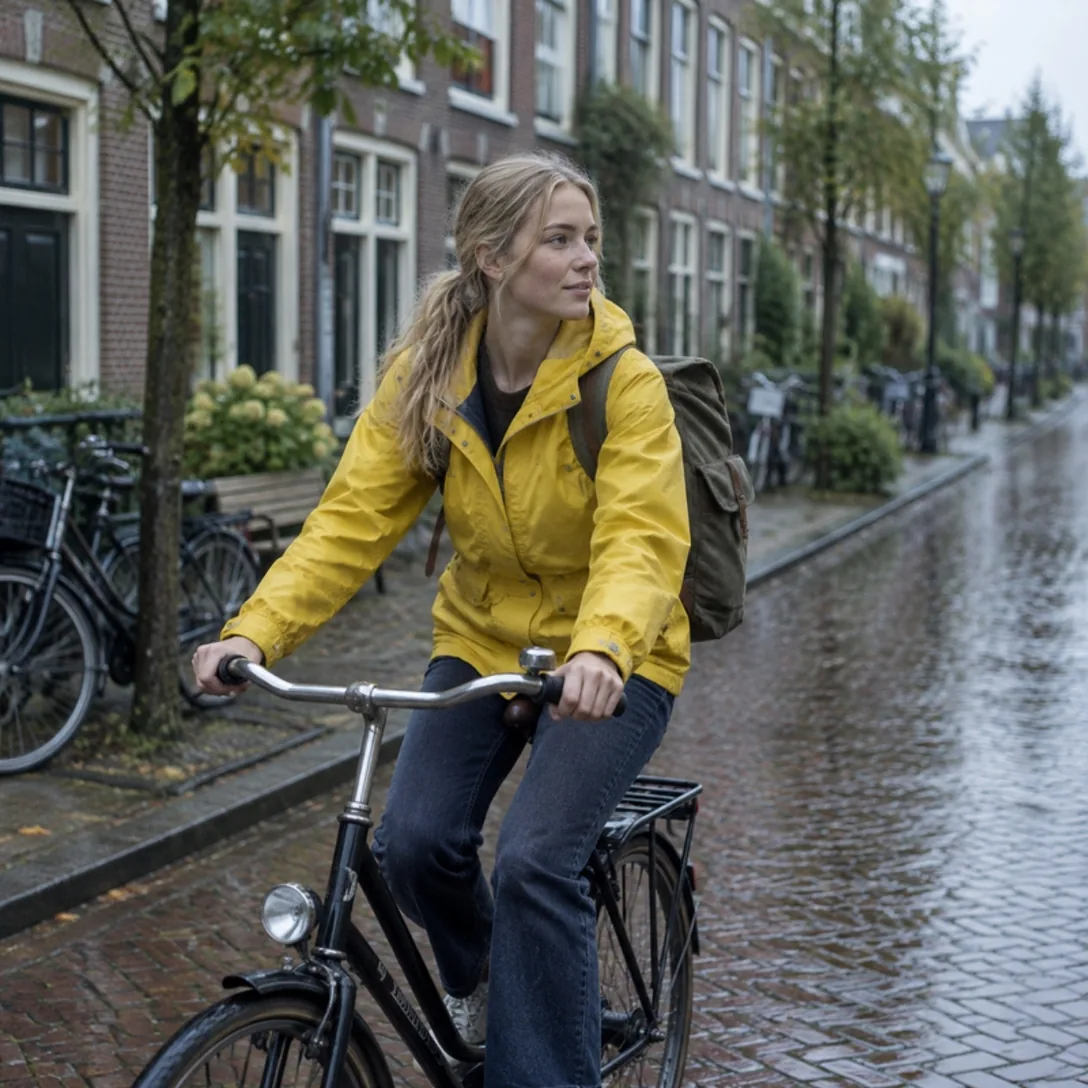 Jonge vrouw in een gele regenjas fietst door een natte straat in de stad.
