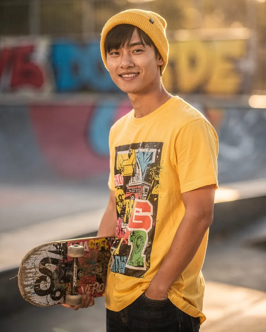 Lachende jongen met een skateboard in een kleurrijk skatepark.