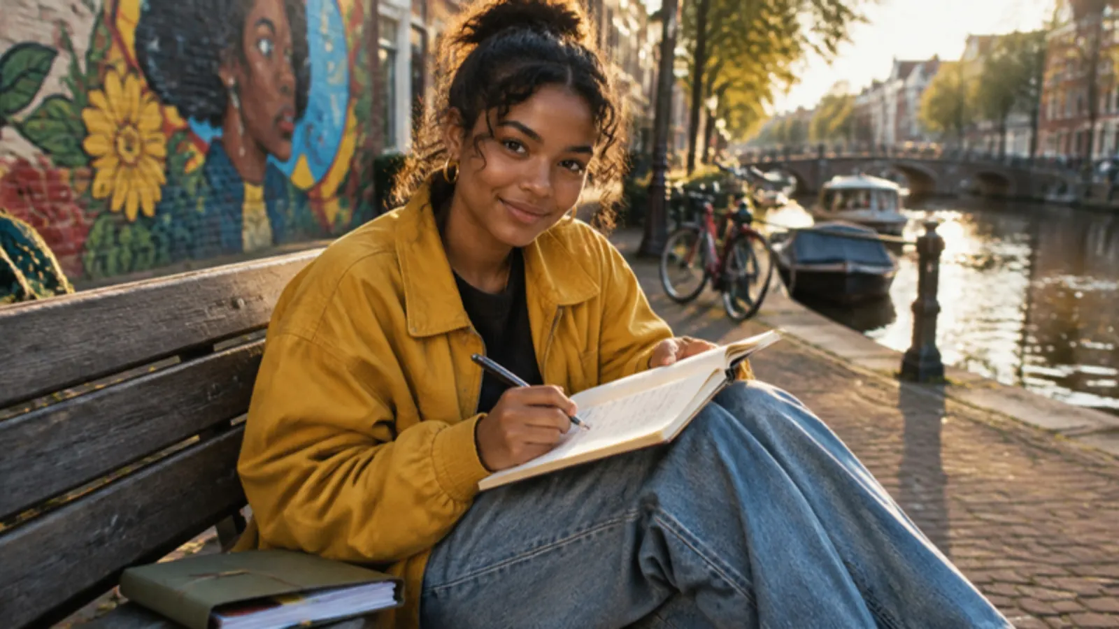 Jonge vrouw op een bankje aan de gracht vinkt een lijst af in haar notitieboek.