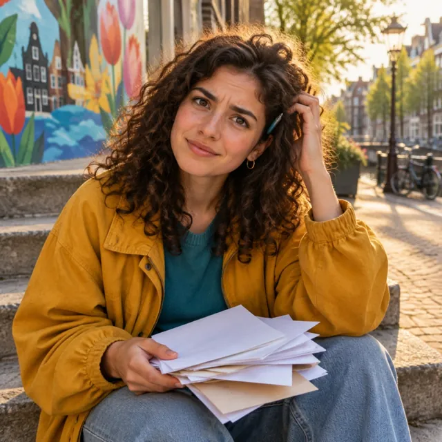 Jonge vrouw op een stoep met een stapel papieren denkt na.